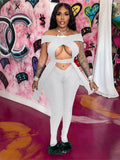 Summer Streetwear Womens 2 Two Peice Sets Outfits Sleeveless Hollow Out Crop Top Skinny Pants Suits White Matching