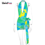 Puss Sexy Hollow Out Summer Women 2 Piece Set Halter Bodysuit+Bandage Mini Skirt Vacation Party Fashion Clubwear