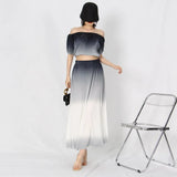 TWOTWINSTYLE Ombre Summer Two Piece Set Womens Slash Neck Short Sleeve Tops High Waist Midi Skirts Colorblock Sets Female