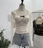 Real Pat With Chest Cushion Square Collar Bow Lace Long Sleeve Bottom Top Dress Slim Slim Short Shirt