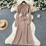 Small Fragrant High-Grade Metal Buckle Waist Dress Women 2025 Autumn Thin Temperament Hollow Knitted Long