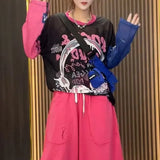 Cartoon Letter Printed Pullovers Casual Loose Summer Thin Round Neck Women's Clothing Fashion Spliced Basic Gauze
