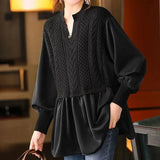 Knitted Patchwork Blouse Spring Autumn Korean Loose Women's Clothing Basic Fake Two Pieces Casual Half Open Collar