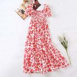 Summer Vintage Floral Printed Midi Dress Women Puff Short Sleeve Square Collar Dresses Female Elegant A Line