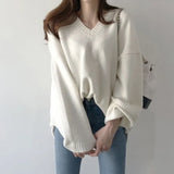 V Neck Cashmere Sweater Women 2021 Autumn New Elegant Knitted Casual Pullovers Loose Soft Female Jumper Lazy