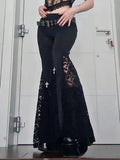 Mall Flare Pants Sexy Black Lace Patchwork High Waist Vintage Harajuku Hippie Punk Grunge Streetwear Y2k Pants-Outfit