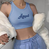 Fashion Print Summer Embroidery Crop Top White Women Casual Basic T Shirt Off Shoulder Sexy Backless Cami Tank Top