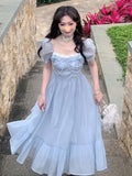 Fairy Blue Dress Women Elegant Evening Party Midi Dresses Female Korean Short Sleeve Designer Chic Chiffon Dress 2022