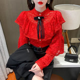 Fashion Lace Bottoming Women's Shirt Autumn Hollow Flower Ruffle Blouse Bow Beading Long Sleeve 6 Colors Blusas