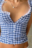 Gingham Crop Tops Summer Y2k Clothes Women Lace Trim Button Up Square Neck Backless Tank Top Cute Girls 618-1-Outfit