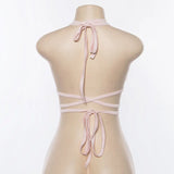 Sexy Women Short Crop Tops Backless Fleece Choker Bandage Sleeveless Vest Halter Tank Off Shoulder Ring Bralette Summer Cami-Outfit