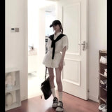 White Polo Collar Long-Sleeved Shirt Top Spring High Waist Half-Dress Temperament
