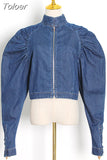 Korean Zipper Denim Shirt For Women Stand Collar Puff Sleeve Solid Minimalist Casual Blouses Female Clothes Fashion New