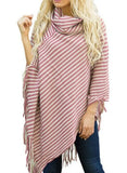 Striped Turndown Collar Pullover Fringe Irregular