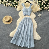 The Age Of Fresh Spring And Summer Holiday Wind Short Flying Sleeve Slings Slings + High-Waisted Wrinkles Skirt Two