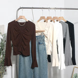 Real Shooting 2024 Autumn Dress Sexy V-Neck Folded Open Fork Short High-Waisted T-Shirt Horn Long Sleeve Bottom Top