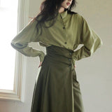 2025 New Elegant Senior Shirt Skirt Tide French Green Asymmetric Collar Retro Suit