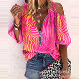 Loose Zipper Print Shirt Blouse Women Spring Summer Fashion V-neck Lantern Sleeve Shirts For Women Sexy Off Shoulder Top-Outfit