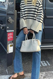 Women Autumn Fashion Casual Turtleneck Striped Jacquard Loose Knitted Pullover Winter Warm Long Sleeve Sweater Chic