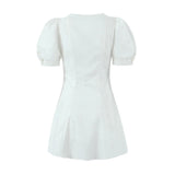 Sexy White Square Collar Low Chest Corset Style Mini Dress Short Puff Sleeve Women Ruched Pleated Front Center Buttons Robe-Outfit