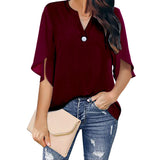 Toloer Women's Women's Short Sleeve Elegant Casual Solid Color V Collar Chiffon Shirt Chiffon