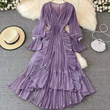 Fairy Seaside Holiday Chiffon Dress Female Lotus Lace V Collar Temperament Folded Waist Thin Swing