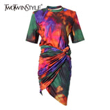 Print Hit Color Two Piece Set For Women O Neck Short Sleeve Tops Ruched Skirts Tie Dye Sets Female Fashion New
