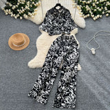 Light Style Suit Women's Fashion With Loose Short Print Shirt + High Waist Display Thin Leg