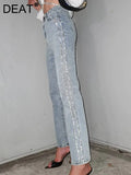 Women's Jeans High Waist Slim White ShinyDiamond Straight Denim Light Blue Pencil Pants 2024 Summer New Fashion 29L2979-Outfit