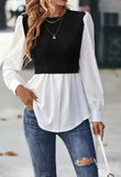 Fake Two Shirts For Women 2023 Casual O-neck Puff Sleeve Wave Blouse Autumn Fashhion Slim Button Top Femme-Outfit