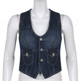 Y2K Pockets Jeans Corset Top Button V Neck Cargo Retro Sweats Tank Tops Women Streetwear Aesthetic Vest Summer 90s