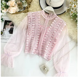 Women Tops Fashion Sexy Sheer Lace Blouse Lantern Sleeve 3D Floral Blouses Shirts Elegant Top Blusas