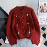 Horn Buckle New Year Red Sweater Cardigan Girl Autumn Winter Loose Lazy Wind New Year Red Knitted Coat Girl-Outfit