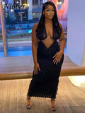 Concise Elegant Halter Maxi Dress Women Solid Sexy Deep V-neck Backless Skinny Robe Ruched Evening Dresses Lady Vestido-Outfit