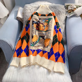 Argyle Sweater Cartoon Print Women's Turtleneck Pullover Knit Thicken Long Sleeve Top Vintage Baggy Jumper Chic