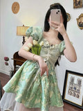 Sweet Green Dress Women Patchwork Flower Mini Dresses Female Print High Waist Designer Chic Fashion Dress 2022