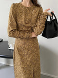 Women's Floral Shoulder Pad Hollow Out Ruched Dress Long Sleeve Slit Hems Casual Midi