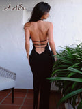 Sexy Backless Halter Elegant Bandage Maxi Dress Outfits for Women Sleeveless Summer Club Party Black Gown