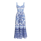 Korean Fashion Sling Dress For Women V Neck Sleeveless High Waist Print Colorblock Midi Dresses Female Clothing