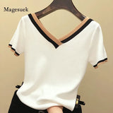 Women Blouse 2021 V-Neck Contrast Color Striped Top Tops Clothes Knitted Short Sleeve Shirt Femme Camisetas Mujer