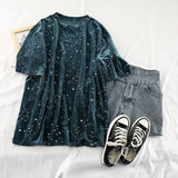 Star Print Velvet Blue T Shirt Summer Spring Oversize Women T Shirt