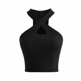 Ladies Sexy Camisole Solid Color Cross Halter Sweater Vest Slim Sleeveless Base T-Shirt Midriff-baring Knitted Tops-Outfit
