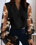 Lace Patchwork Pullover Shirt Blouse Women Spring V-neck Long Sleeve Shirts For Women 2024 Casual Black Mesh Print Blusa-Outfit