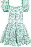 Hook Flower Hollow Dress For Women Square Collar Short Sleeve High Waist Casual Slim A Line Dresses Female Clothing 2023