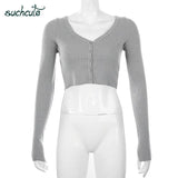 SUCHCUTE Knitting Women Cardigan V-Neck Elegant Streetwear Shirts Modis Autumn Winter 2020 Korean Style Casual Female Crop