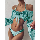 3 Piece Swimsuit Women Leopard Print Push Up Padded Biquini Brazilian Summer Bathing Suit Long Sleeve Thong Bikini