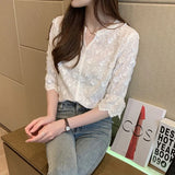 2021 Summer Stereoscopic Embroidered Blouse Woman Fashion Lady's Shirt White Pure Cotton Floral Short Sleeve Shirt
