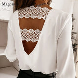 Back V-shaped Hollow Lace Stitching Pullover White Blouse Fashion Sexy V-neck Autumn and Winter Long-sleeved Shirt