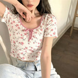 Flower Print T-shirt Women's Ins Trendy Short Slim Design Sense Niche Short-sleeved Top 2022 Summer