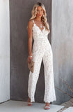 White Elegant V-neck Sleeveless Solid Lace Backless Full Length Regular Straps Rompers 425-1-Outfit